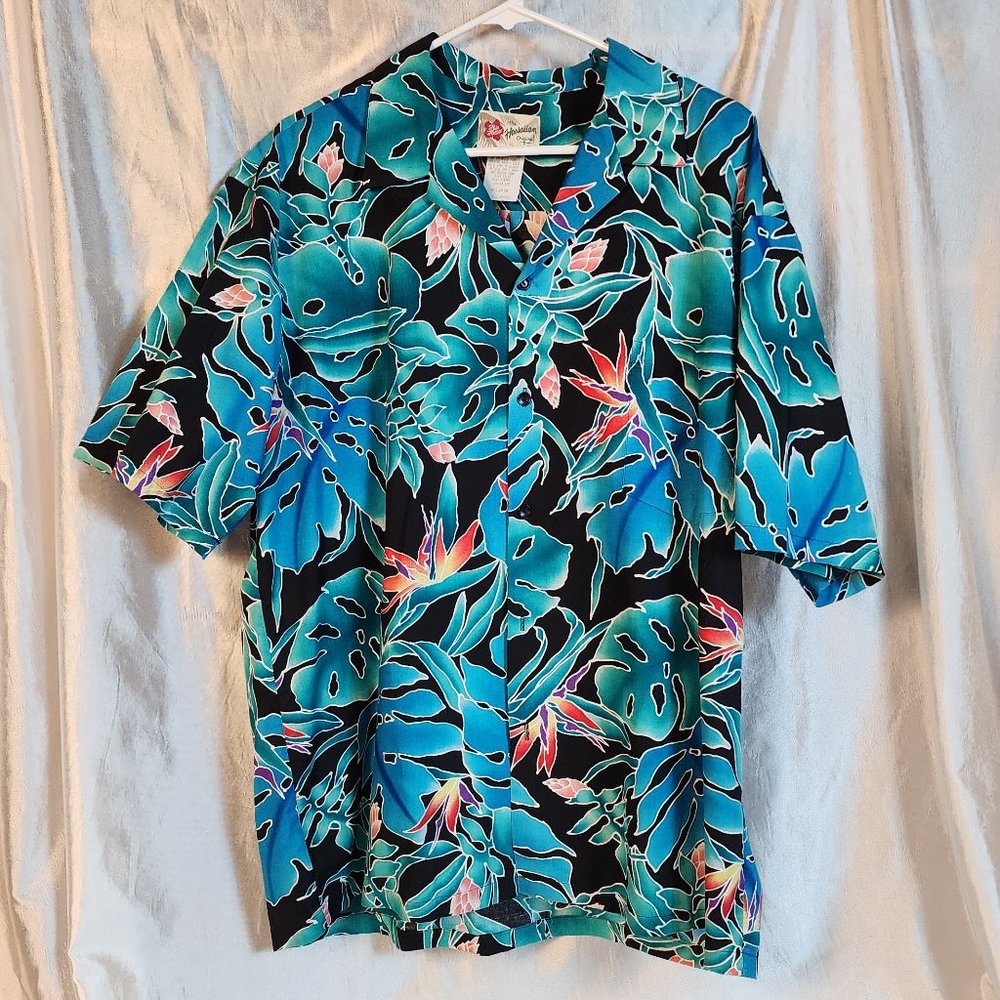 NWOT Men's Hilo Hattie Size XL Birds of Paradise Blue Palm Cotton Shirt - WOW!